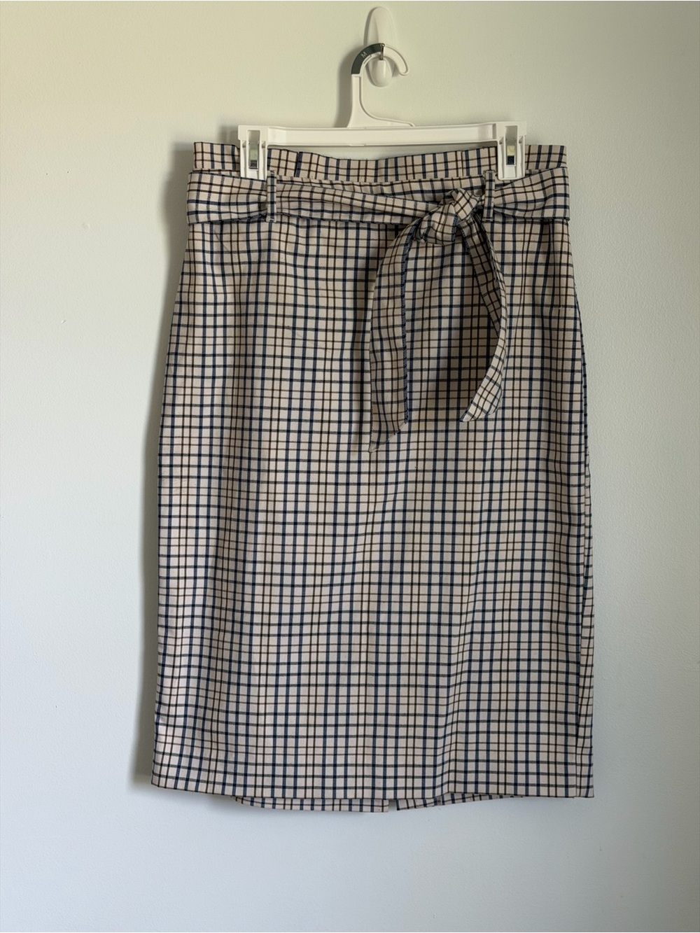 Ann Taylor Factory Cream & Navy Checked Paperbag Waist Midi Skirt